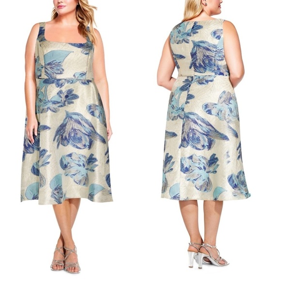 Adrianna Papell Dresses & Skirts - Adrianna Papell Blue Floral Gold Metallic Square Neck Midi Dress 14